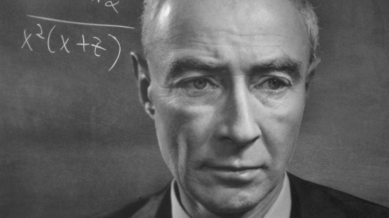 Oppenheimer frowning by chalkboard