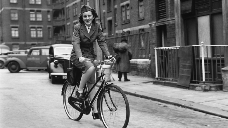 Kathleen Kennedy riding a bicycle