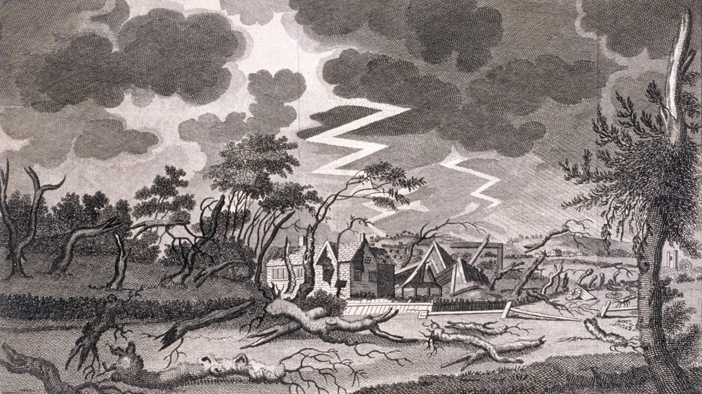 illustration of rain storm with heavy lightening and clouds