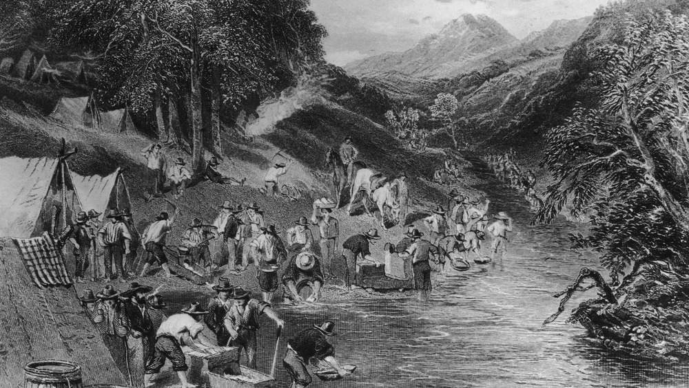 illustration of prospectors panning river for gold 