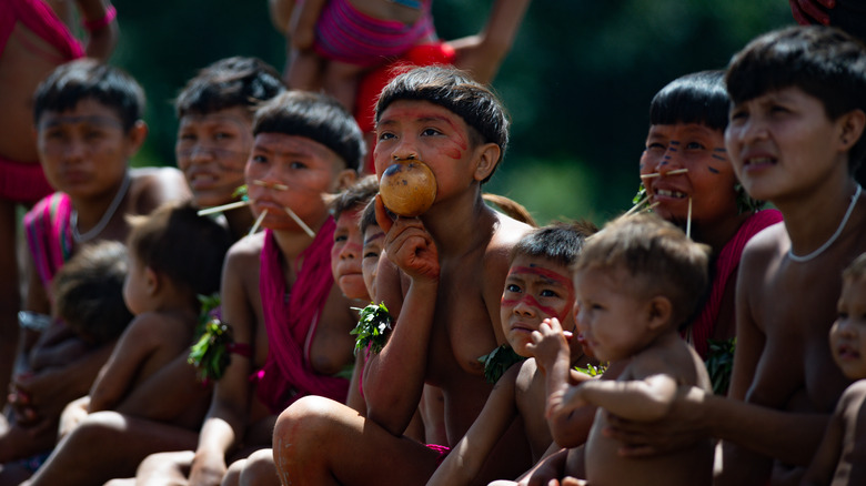 Yanomami children in traditional dress facial piercings