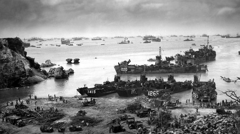American warships advancing on Okinawa Island during the Battle of Okinawa