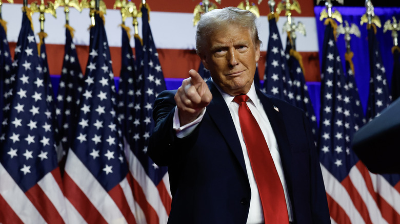 Donald Trump pointing in front of American flags