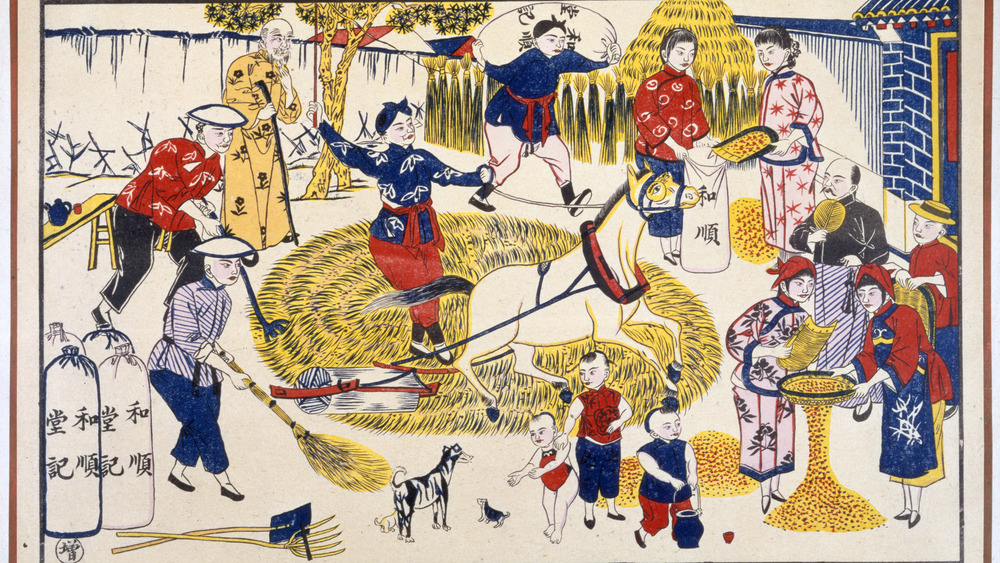 Artwork of harvest on a Chinese farm