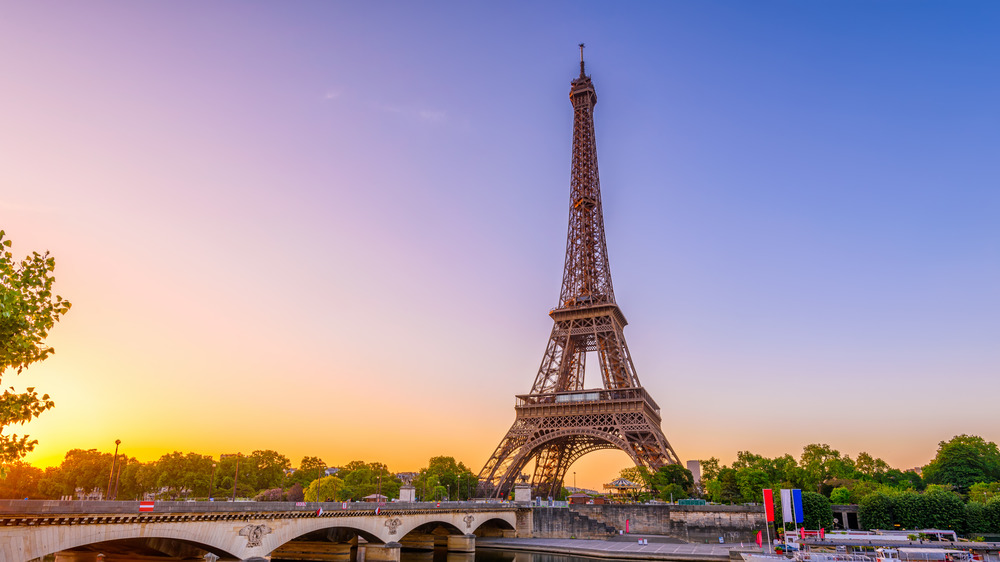 view of Eiffel Tower with purple sky