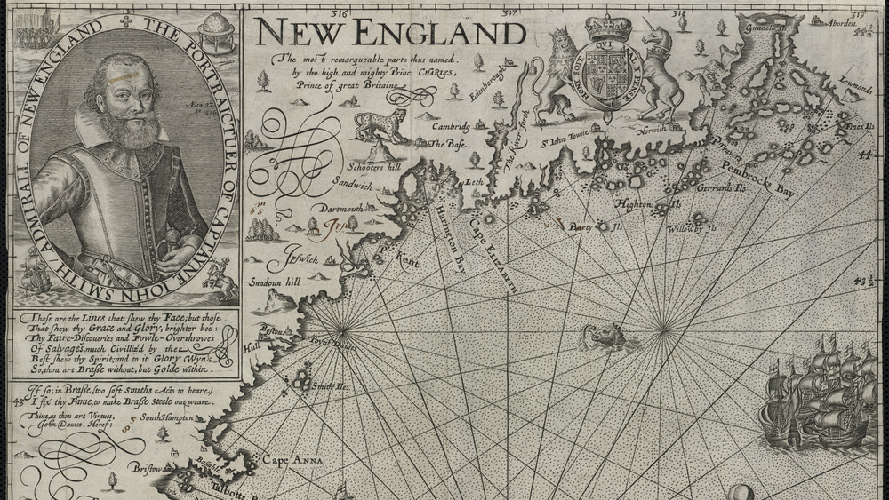 map new england with john smith portrait in left corner