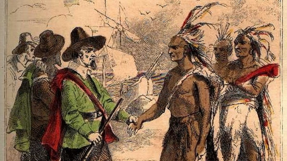 Samoset and pilgrims shaking hands