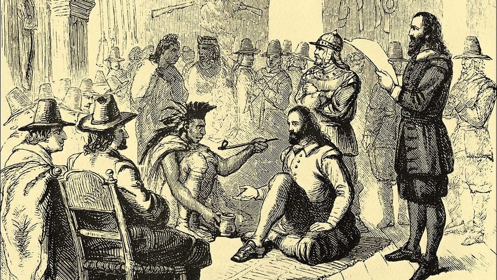 wampanoag and pilgrims entering into a  treaty