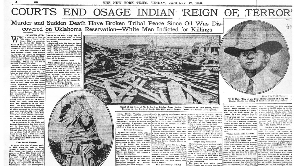 New York Times print article with headline "Courts End Osage Indian 'Reign of Terror'"