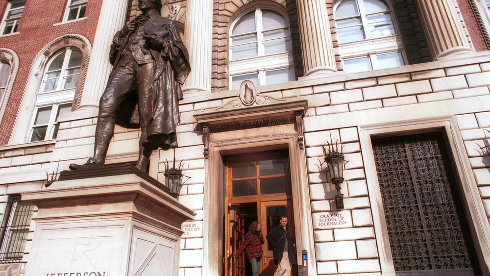 Students exiting the Columbua University School of Journalism in Pulitzer Hall