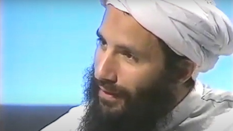 Close-up of Cat Stevens/Yusuf Islam in traditional Muslim garb in 1984 