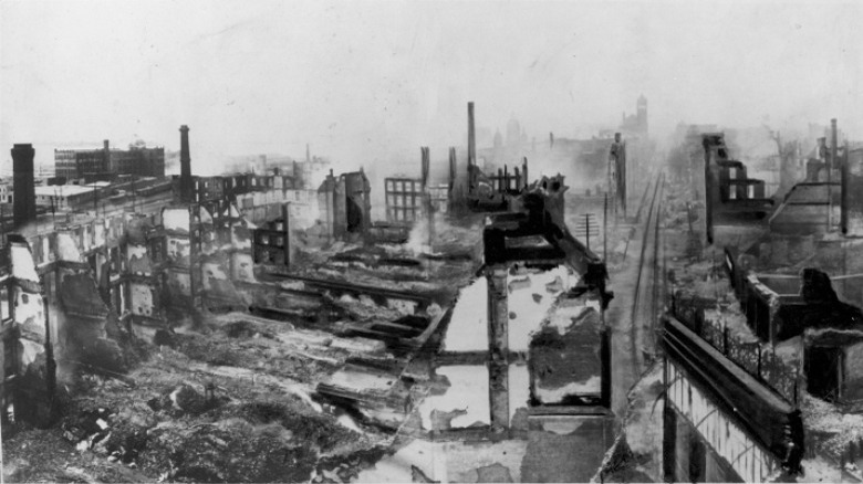 view of many burned out buildings from above