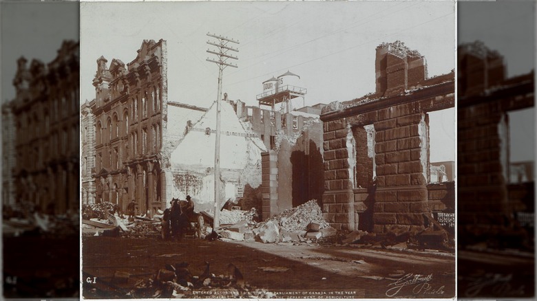 ruins of building and telephone pole after toronto fire