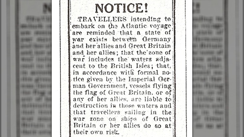 lusitania advertisement with german warning