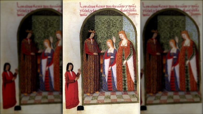 15th century illustration of Joanna of Castile with her parents, Isabella and Ferdinand