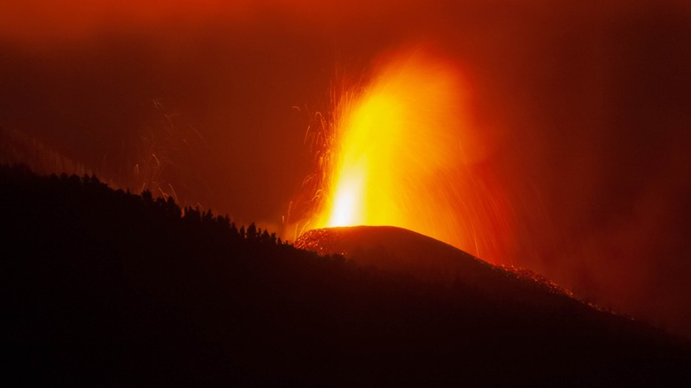 Bright volcanic eruption at night