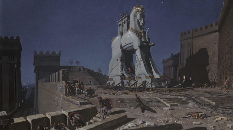 Greek soldiers exiting the Trojan horse