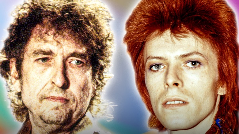 David Bowie with red hair and scruffy Bob Dylan