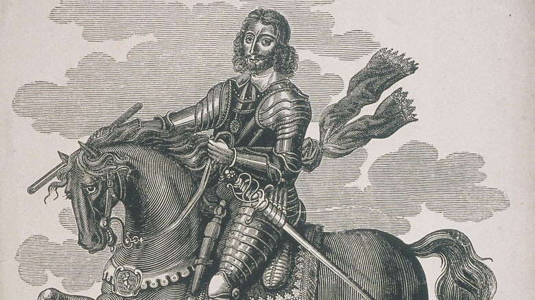 engraving of a soldier on horseback