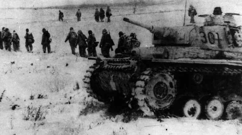 German infantry around Panzer tank