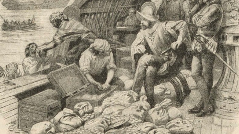 Illustration of Francis Drake counting treasure