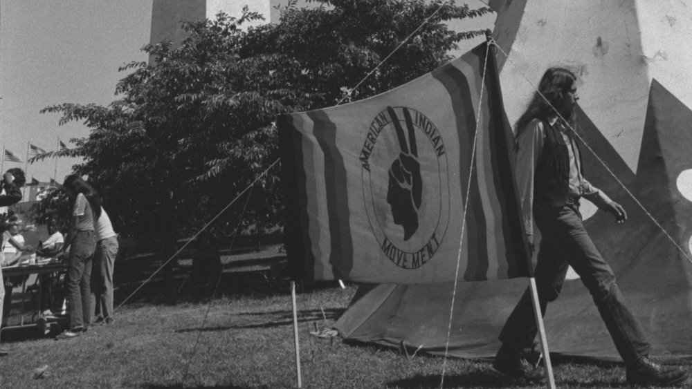 Tipi with sign "American Indian Movement" on the grounds of the Washington Monument, Washington, D.C., during the "Longest walk"