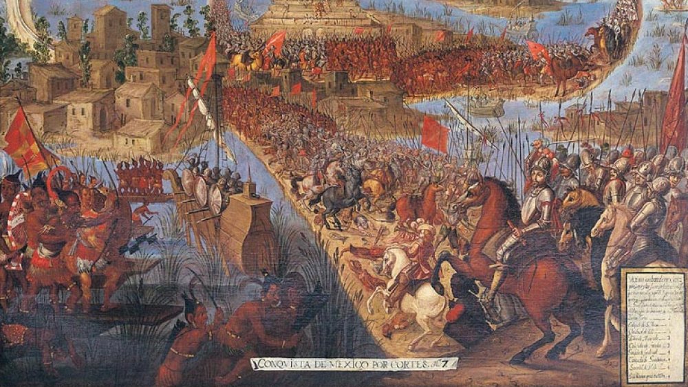 Painting by unknown artist showing the fall of Tenochtitlan in 1521