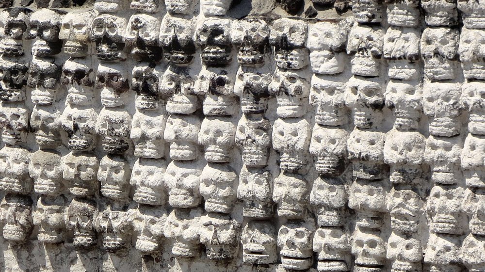 A carving of tzompantli, or skull racks, excavated at the Templo Mayor