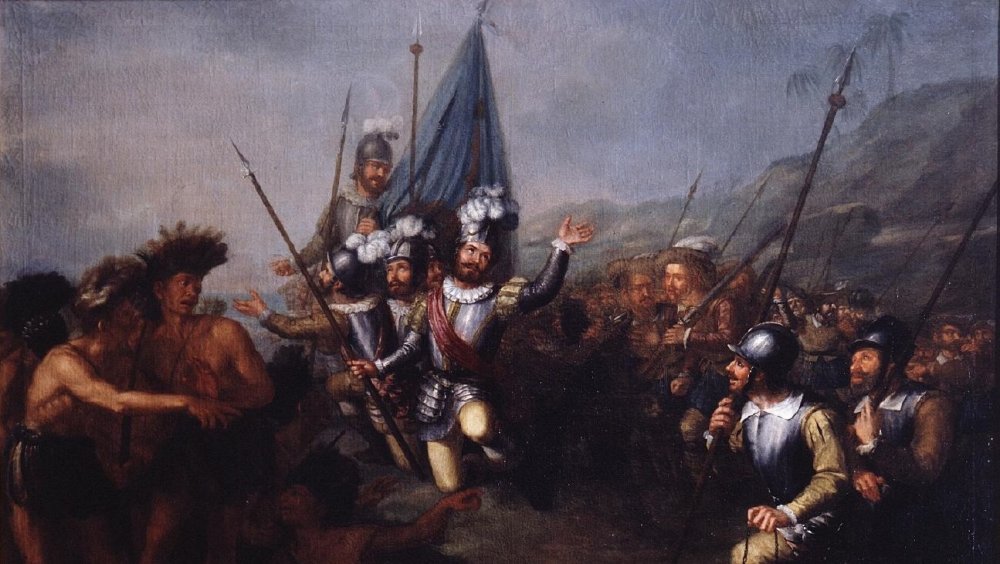 Painting showing Cortés disembarking on the Gulf Coast