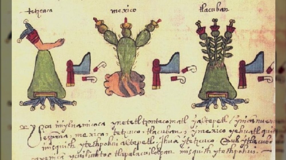 An image from the 1565 Codex Osuna, showing the symbols for Texcoco, Tenochtitlan, and Tlacopan