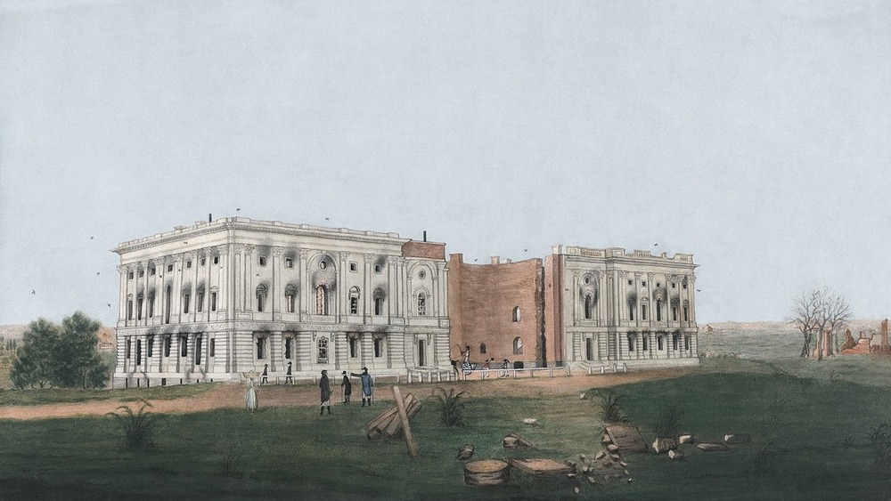 Drawing shows the ruins of the U.S. Capitol following British attempts to burn the building, 1814
