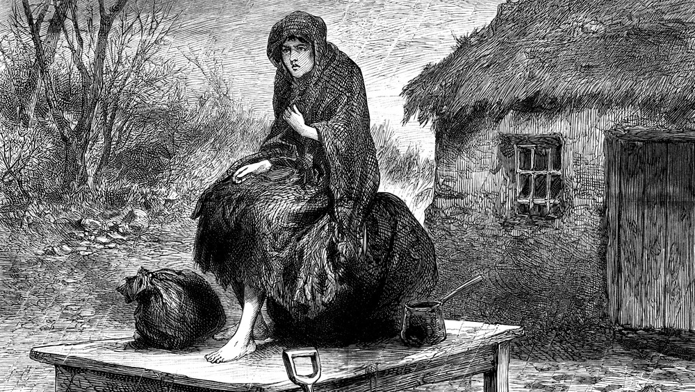 illustration of poor woman hunched over in shawl