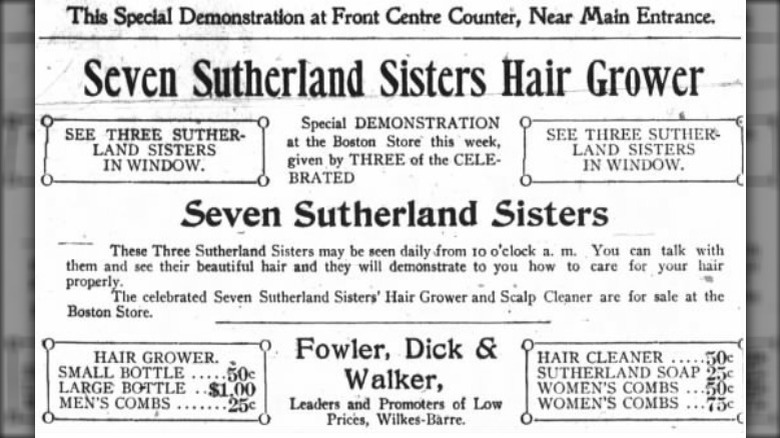 Advertisement for Seven Sutherland Sisters hair products