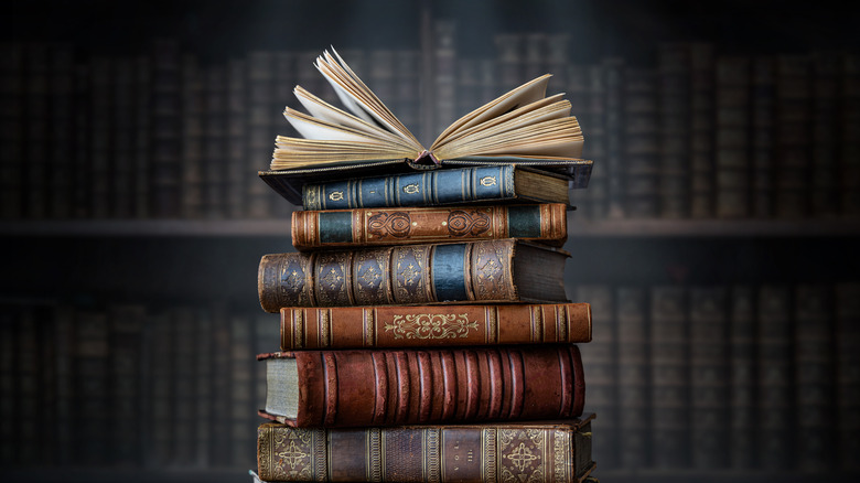 A stack of old books in a library