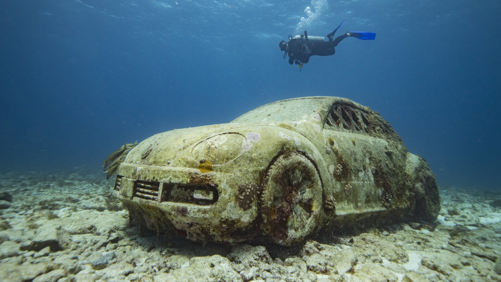 Diver swimming past sunken car