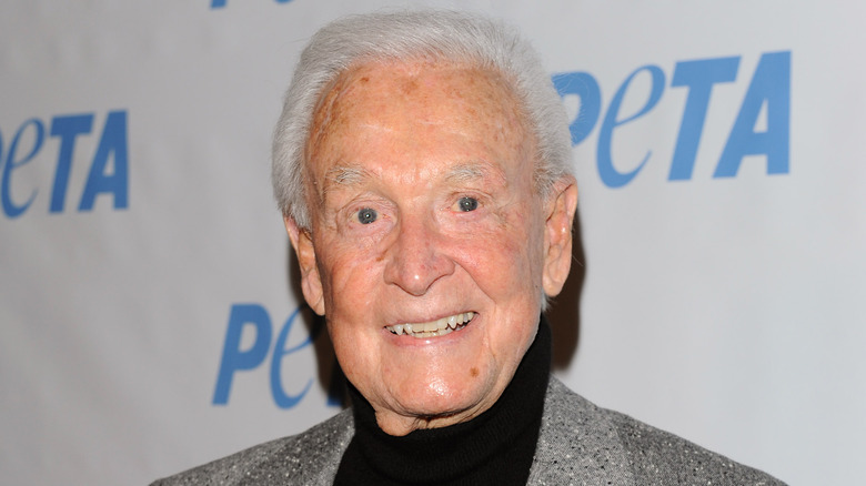 Bob Barker in grey jacket at PETA event