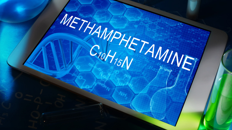 Chemical formula of Methamphetamine on tablet