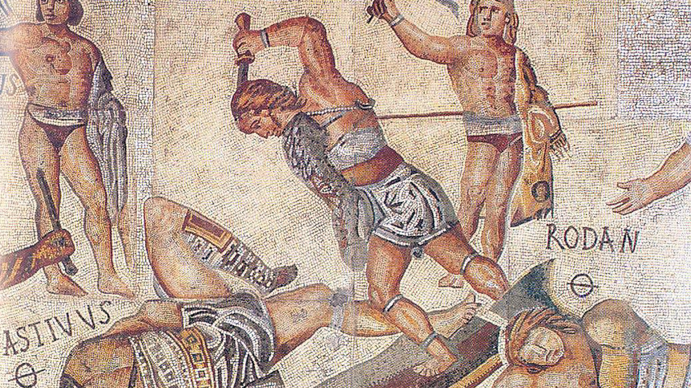 A retiarius attacks his downed opponent, a secutor, with a dagger in this scene from a mosaic from the Villa Borghese