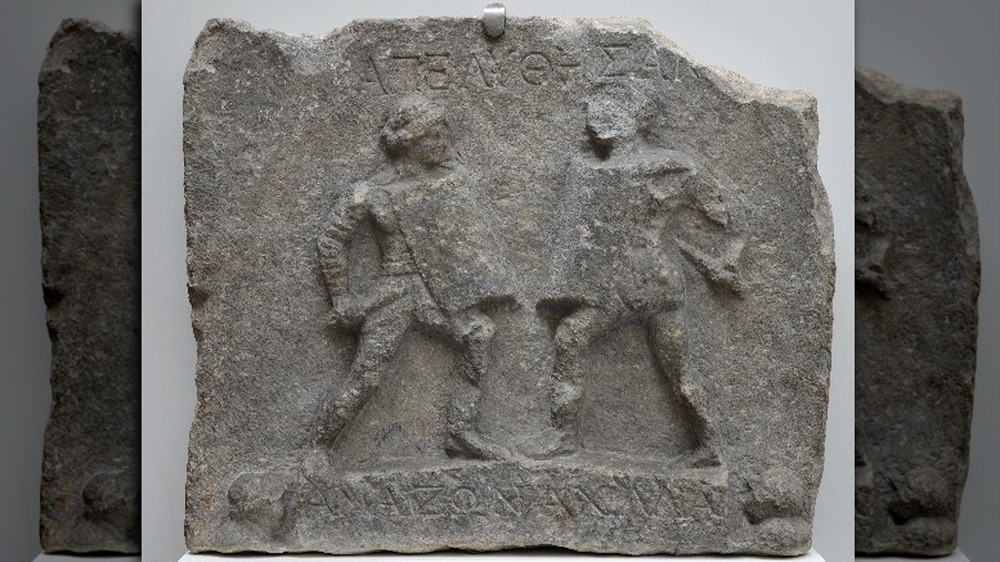 Marble relief of two women fighters, 'Amazon' and 'Achilia', who had probably earned their freedom by giving a series of outstanding performances
