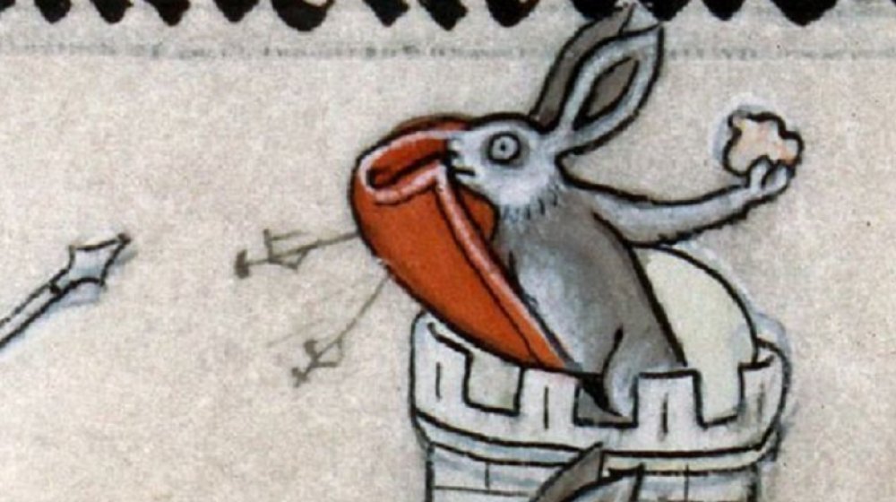 A rabbit defend in a tower in an English medieval drollery