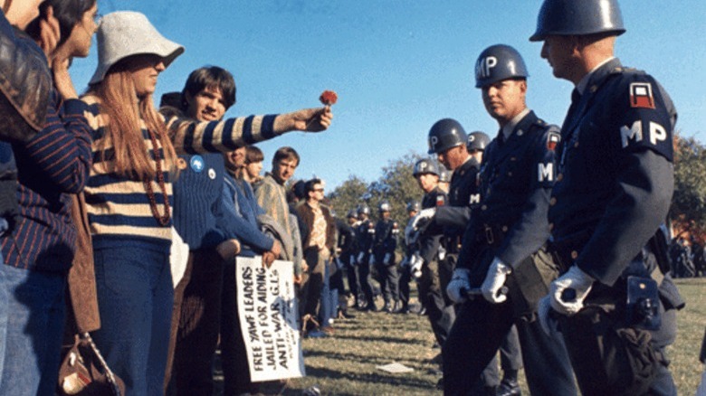 Protestor handing MP flower