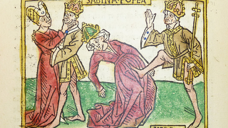 woodcut of nero kicking poppaea