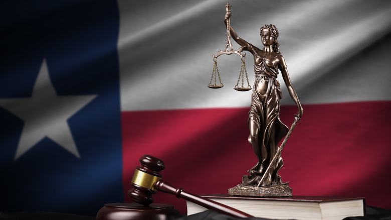 Justice standing by Texas flag