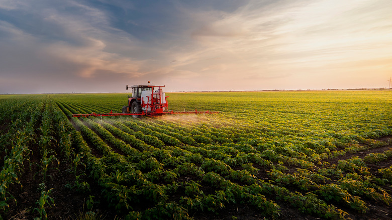 a tractor and a farm