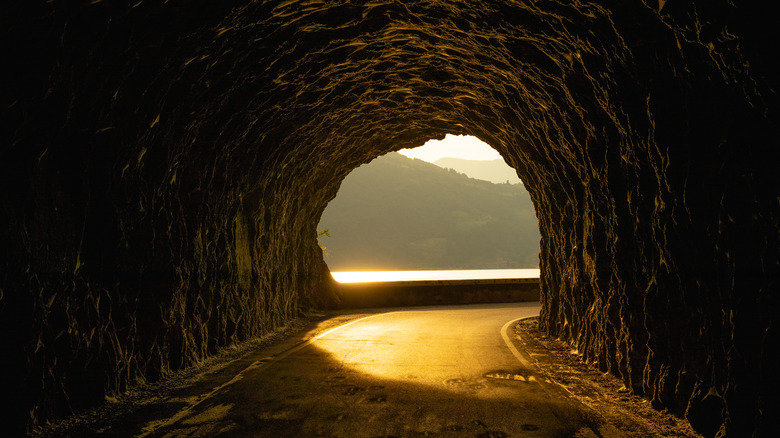Rocky tunnel at sunset