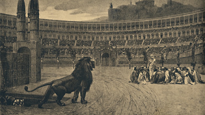 drawing of lion coming out in Colosseum