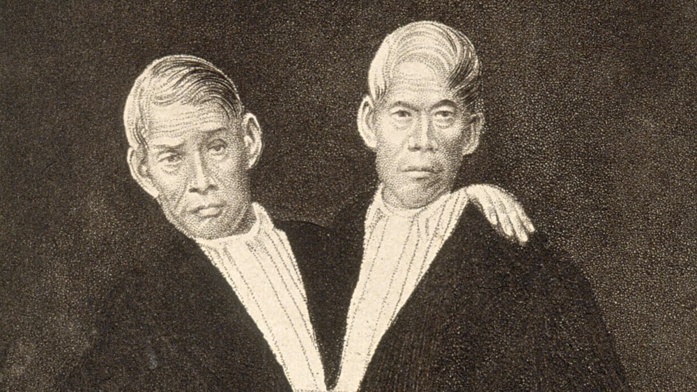 Chang and Eng the Siamese twins, as old men. Aquatint. Description	