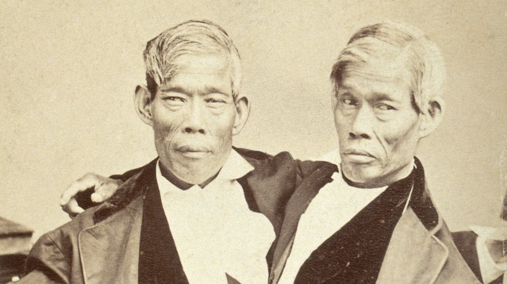 Chang and Eng, conjoined twins, seated. Photograph, c. 1860.