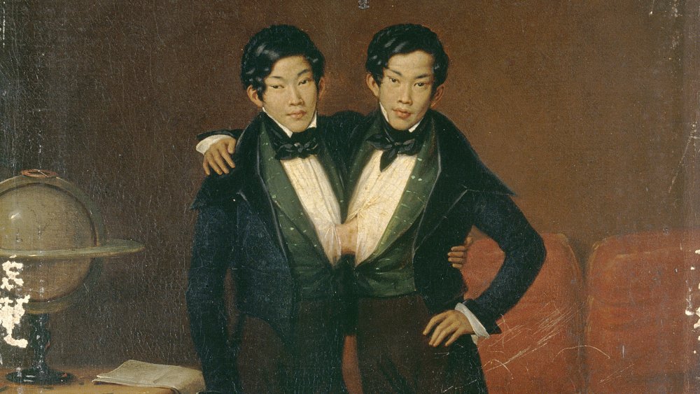 Chang and Eng, Siamese twins, 1836. Oil painting by Edouard-Henri-Théophile Pingret.