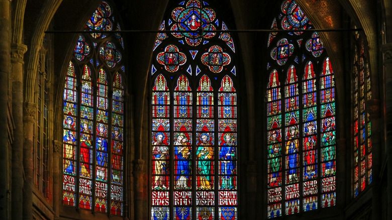 Stained glass depicting Catholic saints